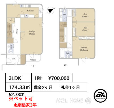 3LDK 174.33㎡  賃料¥700,000 敷金2ヶ月 礼金1ヶ月 定期借家3年