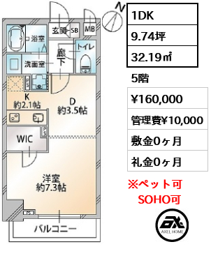 間取り6 1DK 32.19㎡  賃料¥160,000 管理費¥10,000 敷金0ヶ月 礼金0ヶ月 　　