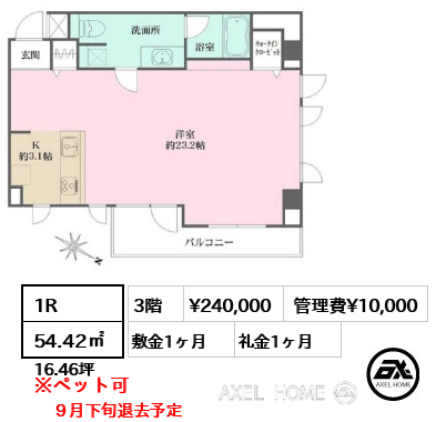間取り6 1R 54.42㎡ 賃料¥240,000 管理費¥10,000 敷金1ヶ月 礼金1ヶ月 9月下旬退去予定