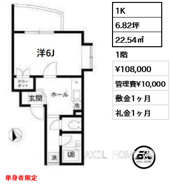 1K 22.54㎡  賃料¥108,000 管理費¥10,000 敷金1ヶ月 礼金1ヶ月 単身者限定