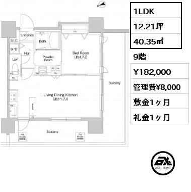 間取り6 1LDK 40.35㎡ 9階 賃料¥182,000 管理費¥8,000 敷金1ヶ月 礼金1ヶ月