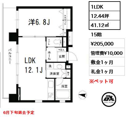 間取り6 1LDK 41.12㎡  賃料¥205,000 管理費¥10,000 敷金1ヶ月 礼金1ヶ月 6月下旬退去予定