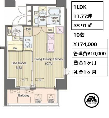 間取り6 1LDK 38.91㎡ 10階 賃料¥178,000 管理費¥10,000 敷金1ヶ月 礼金1ヶ月 　