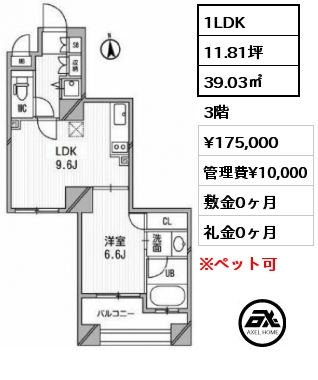 間取り6 1DK 34.20㎡ 2階 賃料¥141,000 管理費¥10,000 敷金0ヶ月 礼金0ヶ月 　 