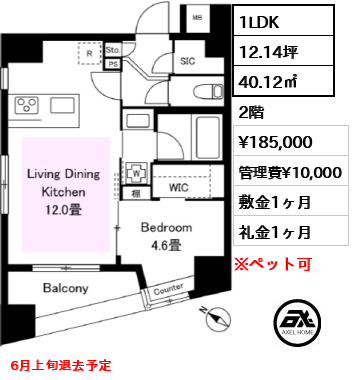 間取り6 1LDK 40.12㎡  賃料¥185,000 管理費¥10,000 敷金1ヶ月 礼金1ヶ月 6月上旬退去予定