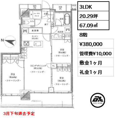 間取り6 3LDK 67.09㎡  賃料¥380,000 管理費¥10,000 敷金1ヶ月 礼金1ヶ月 3月下旬退去予定
