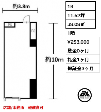 1R 38.08㎡ 1階 賃料¥253,000 敷金0ヶ月 礼金1ヶ月 店舗　スケルトン