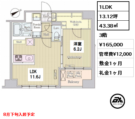 間取り6 1LDK 43.38㎡ 3階 賃料¥165,000 管理費¥12,000 敷金1ヶ月 礼金1ヶ月 8月下旬入居予定
