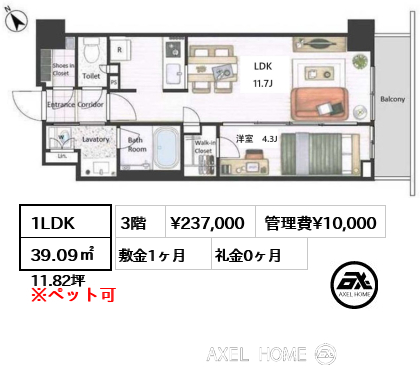 1LDK 39.09㎡  賃料¥237,000 管理費¥10,000 敷金1ヶ月 礼金0ヶ月