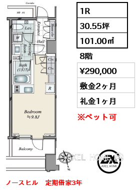 1R 101.00㎡  賃料¥290,000 敷金2ヶ月 礼金1ヶ月 ノースヒル　定期借家3年