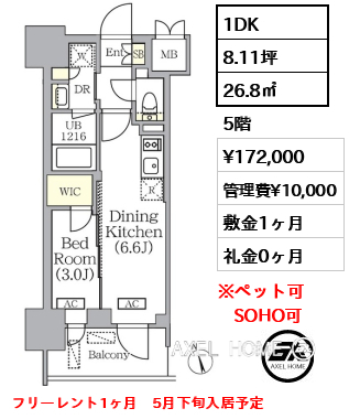 1DK 26.8㎡  賃料¥172,000 管理費¥10,000 敷金1ヶ月 礼金0ヶ月 フリーレント1ヶ月　5月下旬入居予定