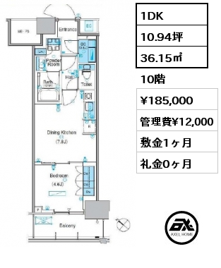 1DK 36.15㎡ 10階 賃料¥185,000 管理費¥12,000 敷金1ヶ月 礼金0ヶ月
