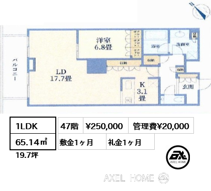 1LDK 65.14㎡  賃料¥250,000 管理費¥20,000 敷金1ヶ月 礼金1ヶ月