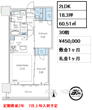 2LDK 60.51㎡  賃料¥450,000 敷金1ヶ月 礼金1ヶ月 定期借家2年　7月上旬入居予定