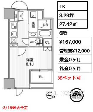 1K 27.42㎡  賃料¥167,000 管理費¥12,000 敷金0ヶ月 礼金0ヶ月 3/19退去予定