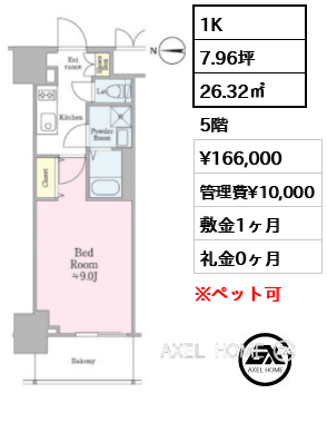 1K 26.32㎡  賃料¥166,000 管理費¥10,000 敷金1ヶ月 礼金0ヶ月