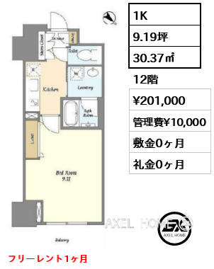 1K 30.37㎡  賃料¥201,000 管理費¥10,000 敷金0ヶ月 礼金0ヶ月 フリーレント1ヶ月　