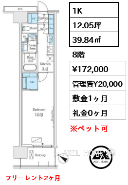 1K 39.84㎡  賃料¥172,000 管理費¥20,000 敷金1ヶ月 礼金0ヶ月 フリーレント2ヶ月