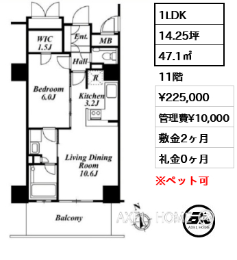 1LDK 47.1㎡  賃料¥225,000 管理費¥10,000 敷金2ヶ月 礼金0ヶ月