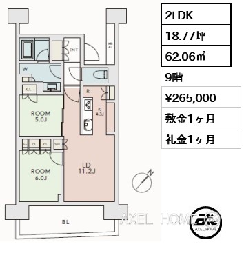 2LDK 62.06㎡  賃料¥265,000 敷金1ヶ月 礼金1ヶ月