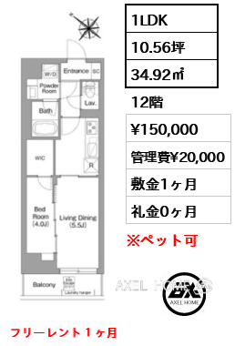 1LDK 34.92㎡  賃料¥150,000 管理費¥20,000 敷金1ヶ月 礼金0ヶ月 フリーレント１ヶ月