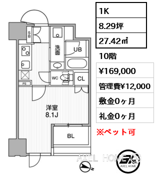 1K 27.42㎡  賃料¥169,000 管理費¥12,000 敷金0ヶ月 礼金0ヶ月