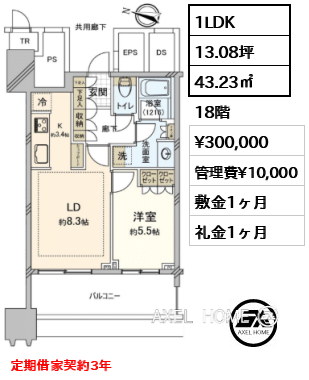 1LDK 43.23㎡  賃料¥300,000 管理費¥10,000 敷金1ヶ月 礼金1ヶ月 定期借家契約3年