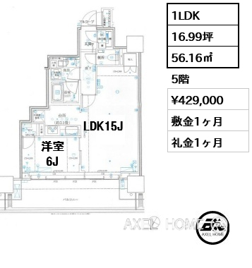 1LDK 56.16㎡  賃料¥429,000 敷金1ヶ月 礼金1ヶ月