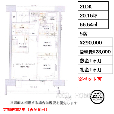 2LDK 66.64㎡  賃料¥290,000 管理費¥28,000 敷金1ヶ月 礼金1ヶ月 定期借家2年（再契約可）