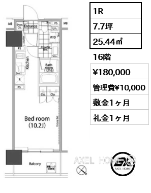 1R 25.44㎡  賃料¥180,000 管理費¥10,000 敷金1ヶ月 礼金1ヶ月 　