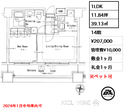 1LDK 39.13㎡  賃料¥207,000 管理費¥10,000 敷金1ヶ月 礼金1ヶ月 2026年1月中旬案内可