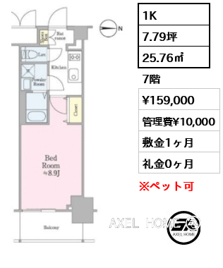 1K 25.76㎡  賃料¥159,000 管理費¥10,000 敷金1ヶ月 礼金0ヶ月 　