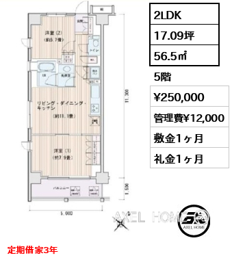 2LDK 56.5㎡  賃料¥250,000 管理費¥12,000 敷金1ヶ月 礼金1ヶ月 定期借家3年