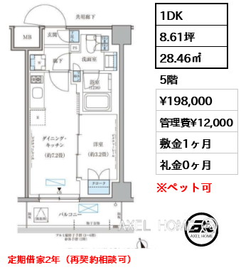 1DK 28.46㎡  賃料¥198,000 管理費¥12,000 敷金1ヶ月 礼金0ヶ月 定期借家2年（再契約相談可）　