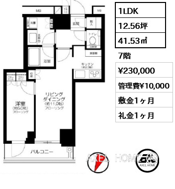 1LDK 41.53㎡  賃料¥230,000 管理費¥10,000 敷金1ヶ月 礼金1ヶ月