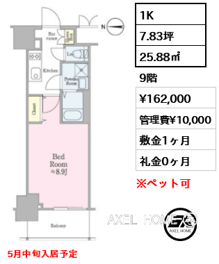 1K 25.88㎡  賃料¥162,000 管理費¥10,000 敷金1ヶ月 礼金0ヶ月 5月中旬入居予定