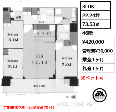 3LDK 73.53㎡  賃料¥420,000 管理費¥30,000 敷金1ヶ月 礼金1ヶ月 定期借家2年（再契約相談可）