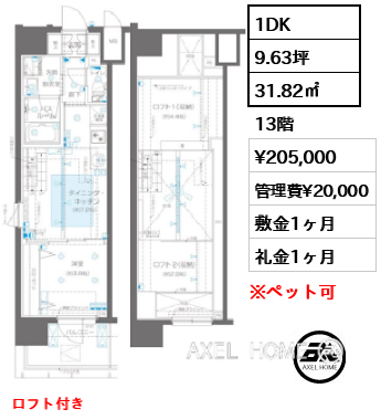 1DK 31.82㎡  賃料¥205,000 管理費¥20,000 敷金1ヶ月 礼金1ヶ月 ロフト付き