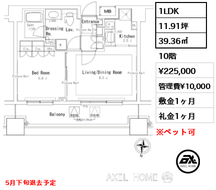 1LDK 39.36㎡  賃料¥225,000 管理費¥10,000 敷金1ヶ月 礼金1ヶ月 5月下旬退去予定