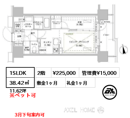 1SLDK 38.42㎡  賃料¥225,000 管理費¥15,000 敷金1ヶ月 礼金1ヶ月 3月下旬案内可