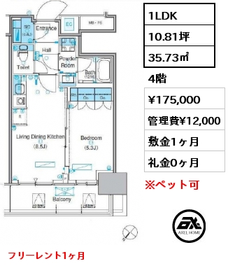 1LDK 35.73㎡ 4階 賃料¥175,000 管理費¥12,000 敷金1ヶ月 礼金0ヶ月 フリーレント1ヶ月