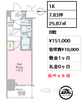 1K 25.87㎡  賃料¥151,000 管理費¥10,000 敷金1ヶ月 礼金0ヶ月