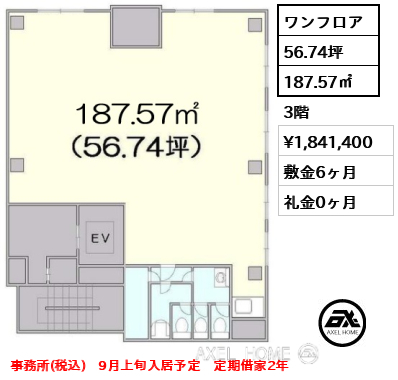 間取り7 ワンフロア 187.57㎡  賃料¥1,841,400 敷金6ヶ月 礼金0ヶ月 事務所(税込)　9月上旬入居予定　定期借家2年