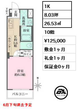 間取り7 1K 26.53㎡  賃料¥125,000 敷金1ヶ月 礼金1ヶ月 6月下旬退去予定