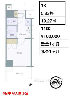 1K 19.27㎡  賃料¥100,000 敷金1ヶ月 礼金1ヶ月 6月中旬入居予定