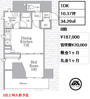 間取り7 1DK 34.29㎡  賃料¥187,000 管理費¥20,000 敷金1ヶ月 礼金1ヶ月 3月上旬入居予定