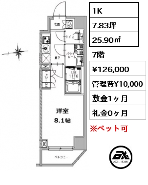 間取り7 1K 25.90㎡ 7階 賃料¥126,000 管理費¥10,000 敷金1ヶ月 礼金1ヶ月 　