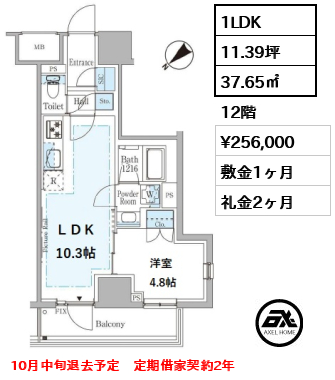 間取り7 1LDK 37.65㎡  賃料¥256,000 敷金1ヶ月 礼金2ヶ月 10月中旬退去予定　定期借家契約2年