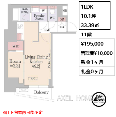 間取り7 1LDK 33.39㎡  賃料¥195,000 管理費¥10,000 敷金1ヶ月 礼金0ヶ月 6月下旬案内可能予定