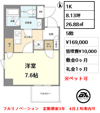 間取り7 1K 26.88㎡  賃料¥169,000 管理費¥10,000 敷金0ヶ月 礼金1ヶ月 フルリノベーション　定期借家3年　4月上旬案内可　　　　　